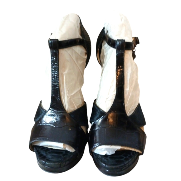 NEW Michael Kors Black Nadja T Strap Platform Heels Snake Embossed Stiletto 7.5 - Picture 3 of 11